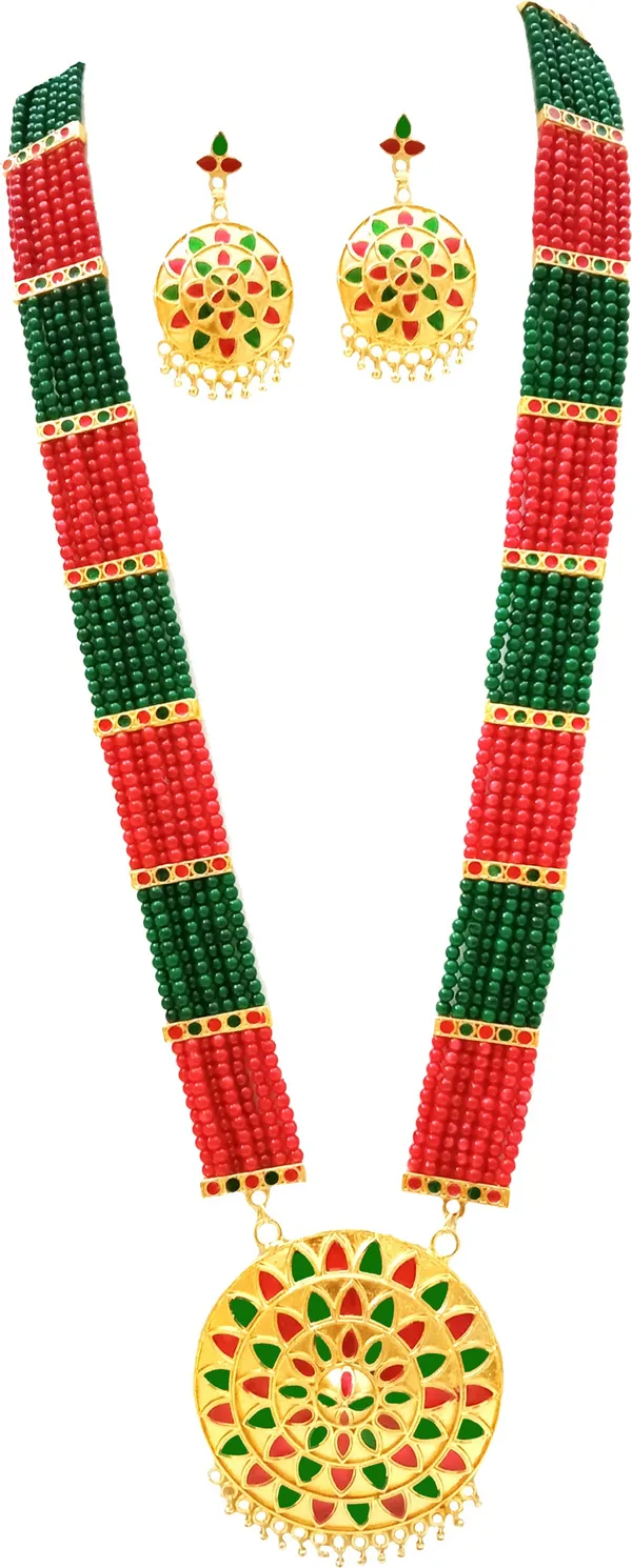 Assamese_Traditional_Gold_Plated_Red_Green_Colour_Japi_Tassel_Jewellery_Set_For_Women